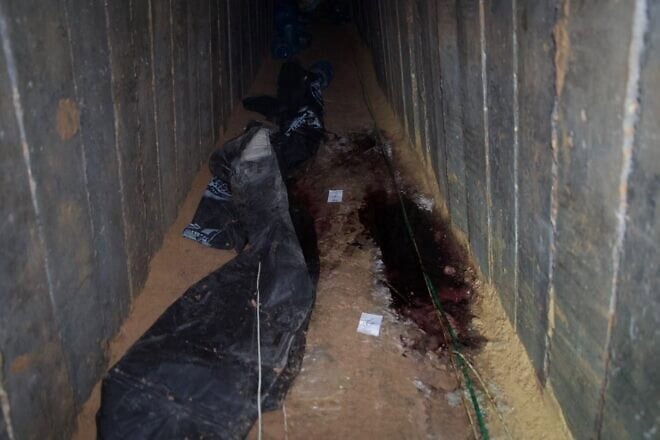 Blood stains in the tunnel in Rafah, southern Gaza, where the bodies of six murdered hostages were found by Israeli forces on Aug. 31, 2024. Credit: IDF.