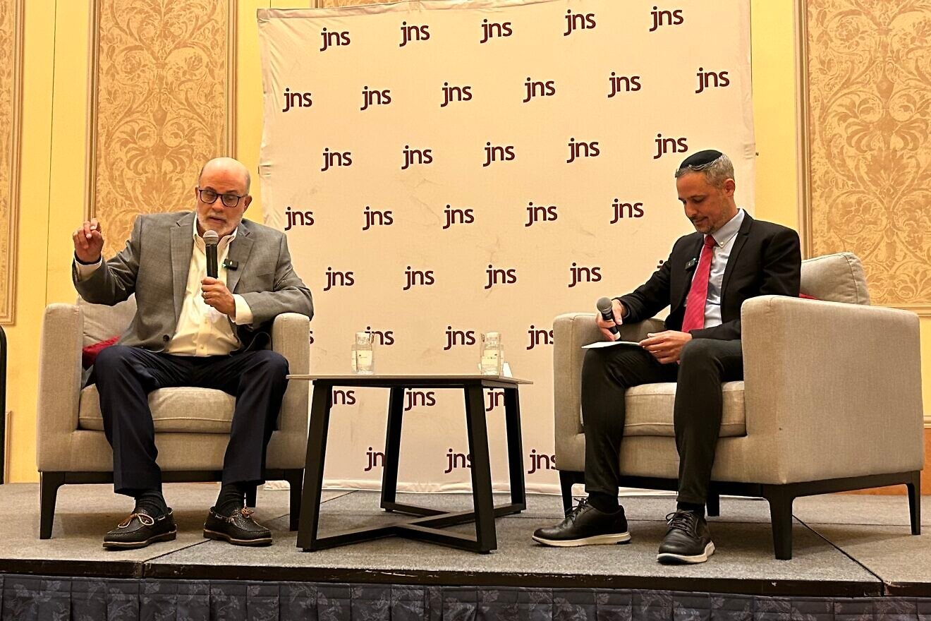 Alex Traiman (right), CEO and Jerusalem bureau chief of JNS, and conservative talk-show host and lawyer Mark Levin, who received the Shield of Jerusalem award at the annual RJC Annual Leadership Summit in Las Vegas, Sept. 4, 2024. Photo by Izzy Salant.