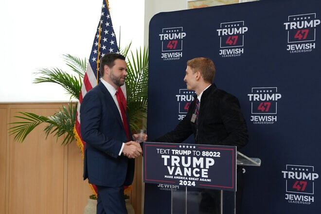 Jacob Helberg (right) and Sen. J.D. Vance (R-Ohio), the Republican nominee for vice president, speak at an Agent of Change Event in New York City, on on Sept. 12, 2024. Photo by Ilya S. Savenok/Getty Images for Jacob Helberg/Courtesy of Jacob Helberg.
