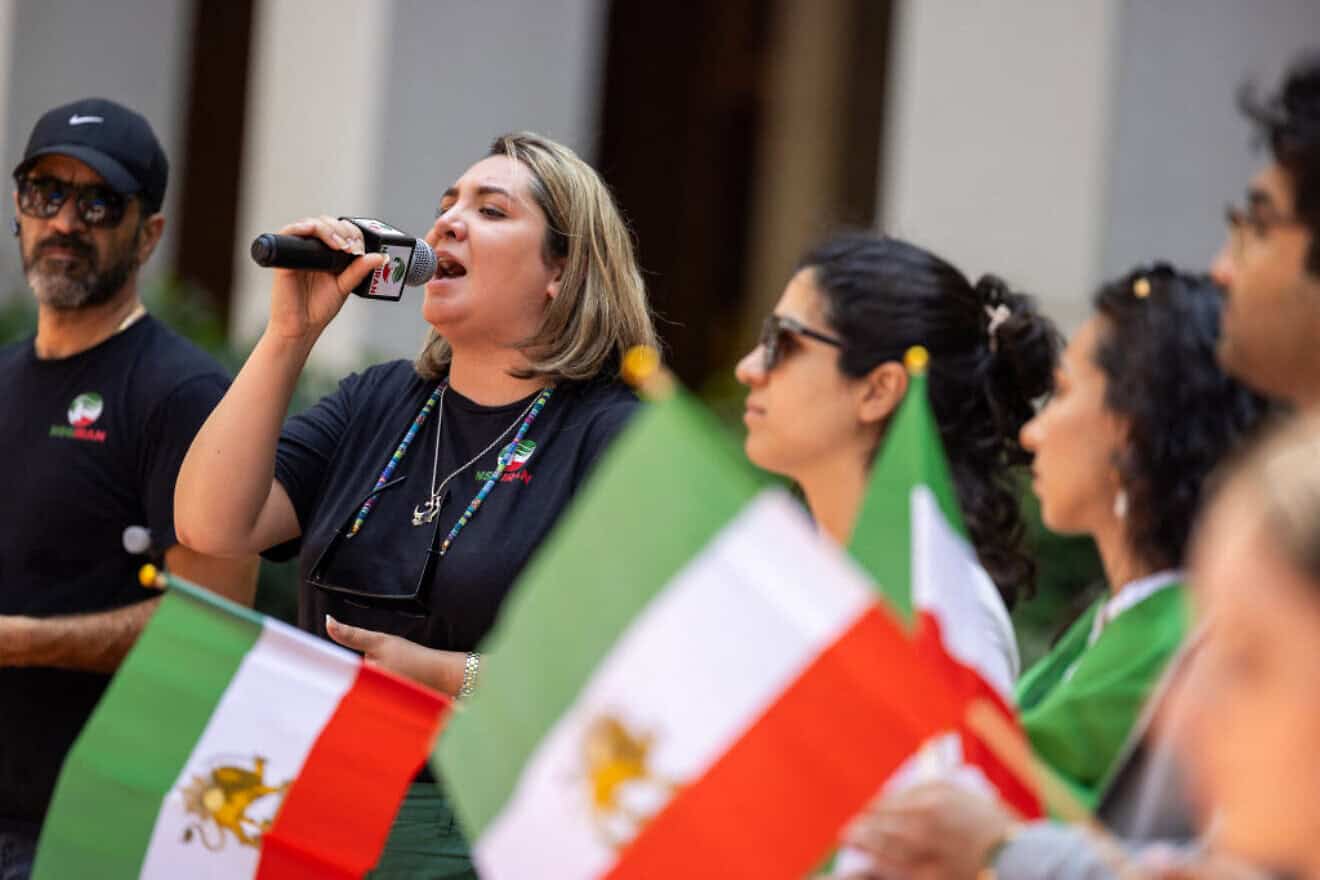 Iranian activists gather in Washington, D.C., to rally during the presidential elections in Iran on June 28, 2024. Photo by Ali Khaligh/Middle East Images/AFP via Getty Images.