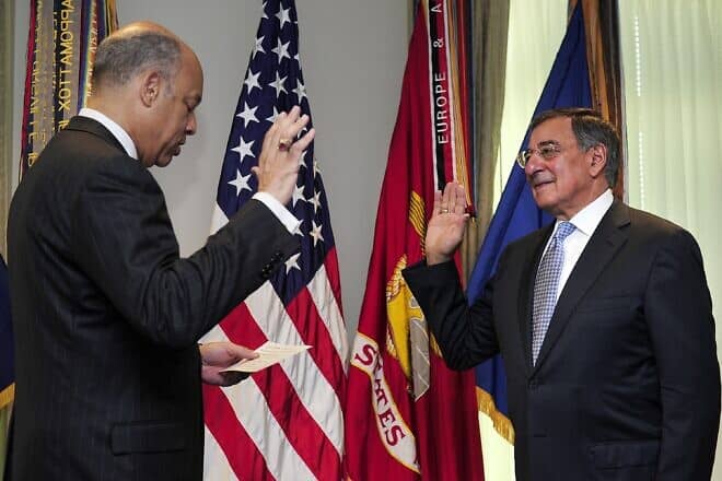 U.S. Defense Department General Counsel Jeh Johnson administers the oath of office to Leon Panetta, the 23rd U.S. secretary of defense, during a Pentagon ceremony on July 1, 2011. U.S. Department of Defense Photo by U.S. Air Force Tech. Sgt. Jacob N. Bailey via Wikimedia Commons.