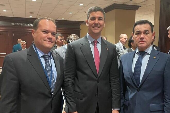 From left, Israel Allies Foundation Latin America Director Leopoldo Martinez, Paraguayan President Santiago Peña and Paraguayan Foreign Minister Rubén Ramírez Lezcano in New York, Sept. 18, 2023. Credit: Courtesy of the Israel Allies Foundation.