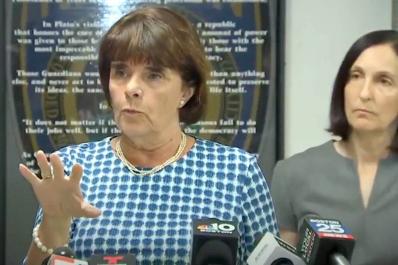 Marian Ryan, the district attorney of Middlesex County, speaks at a press conference on Sept. 12, 2024 as Ruthanne Fuller, the mayor of Newton, Mass., looks on. Source: YouTube/NBC10 Boston.