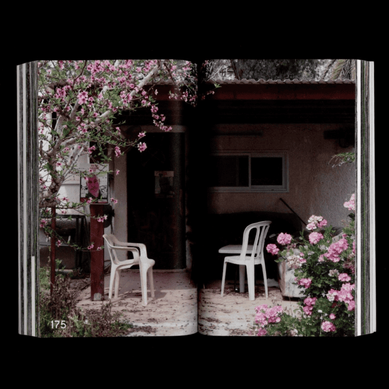 Pink flowers and a hostage poster at the entrance of a house in Kibbutz Nir Oz attacked by Hamas on Oct. 7. Photo by Alon Boutboul and Eden Sabach.