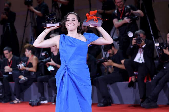Sarah Friedland poses with the Best Director Award at the Venice International Film Festival on Sept. 07, 2024. Photo by Franco Origlia/Getty Images.