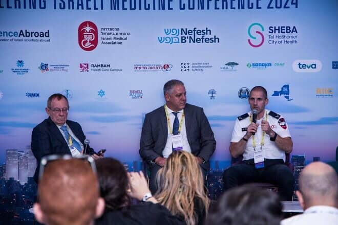 Among the presenters at the ScienceAbroad conference are (from left) Rafael Beyar, Rambam HealthCare campus and Technion; Roy Kessous, Soroka Medical Center; and Uri Shacham, Magen David Adom in Israel. Photo by Ohad Kab.