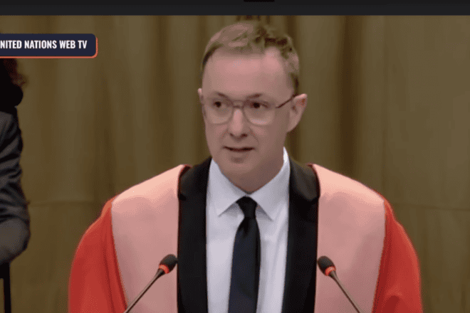 Ralph Wilde, who advocated for the League of Arab States in a case against Israel at the International Court of Justice, will be among the speakers at this year's International Law Weekend. Source: Screenshot.