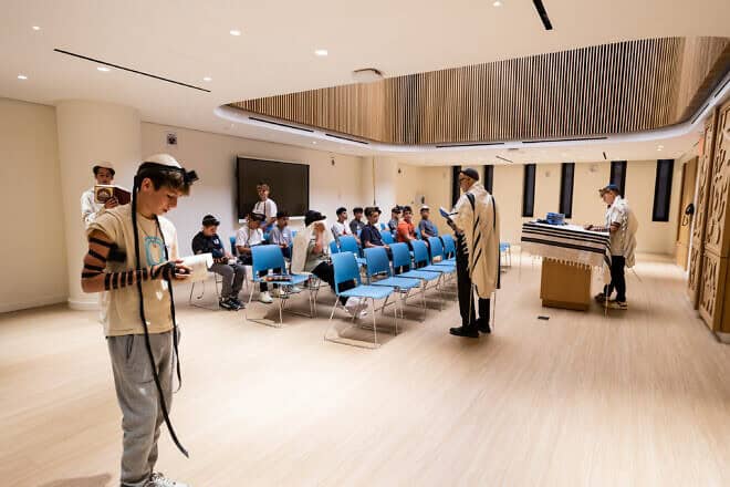 Beit midrash minyan at the Shefa School in New York City, Sept. 4, 2024. Photo by Jennifer Weisbord.
