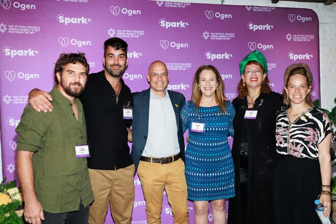 (From left) Avihai Barzani and Adam Shemesh, owners of B-Green; Yishai Goldflam, director of business development at SparkIL; Na’ama Ore, CEO of SparkIL; and Anati and Sarit, owners of Hooga, at SparkIL’s Sept. 15 event in New York that spotlighted Israeli business owners who have received much-needed assistance from the peer-to-peer lending platform since Oct. 7. Credit: Courtesy of SparkIL.