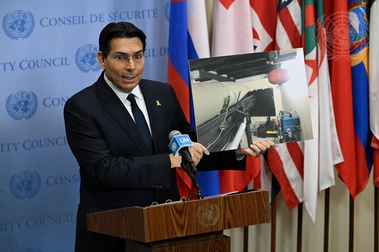 Danny Danon, Israeli ambassador to the United Nations, briefs reporters at the Security Council stakeout on Sept. 24, 2024. Credit: Evan Schneider/U.N. Photo.