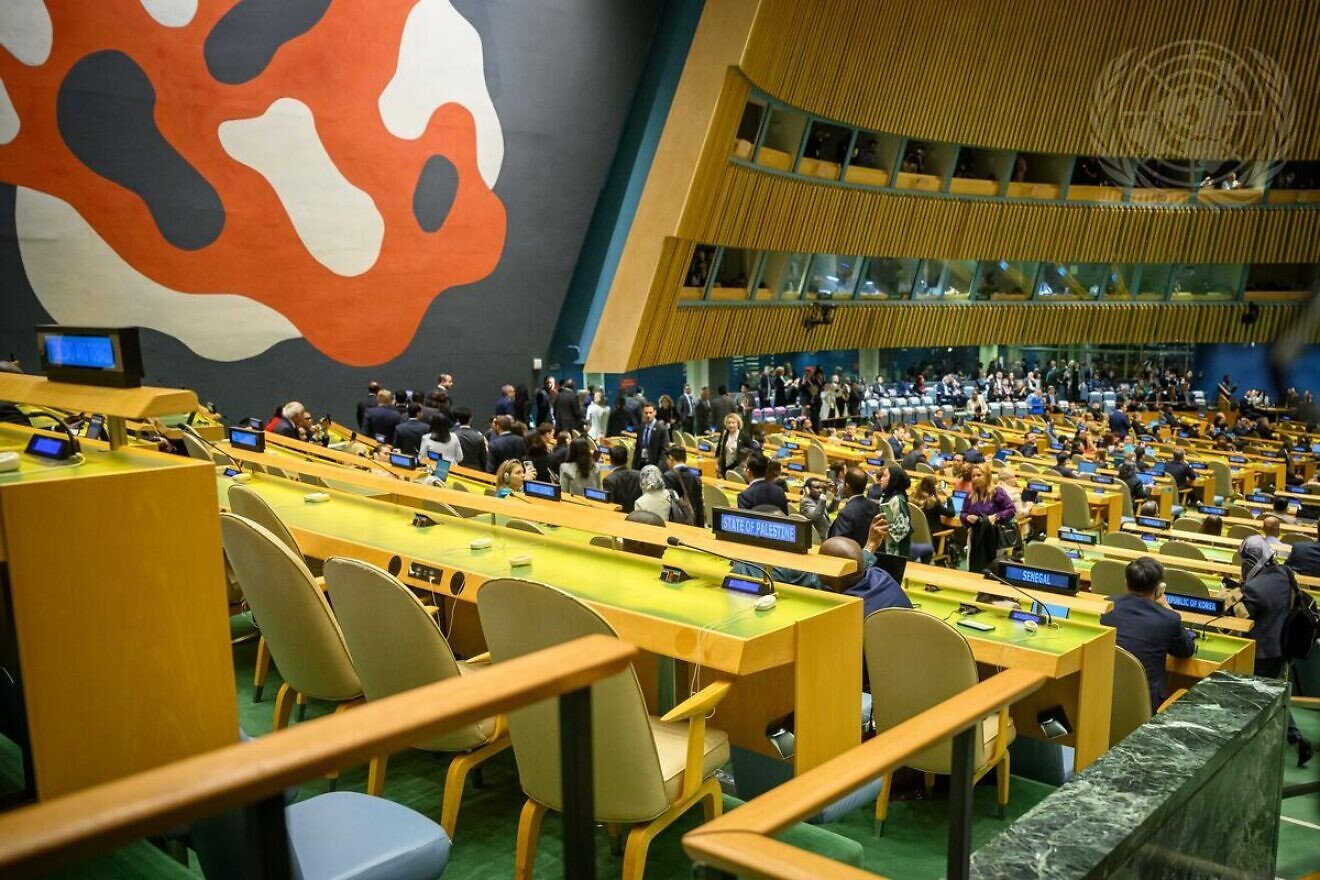 A view of empty seats of the delegation of the State of Palestine as Israeli Prime Minister Benjamin Netanyahu  addresses the general debate of the U.N. General Assembly’s 79th session on Sept. 27, 2024. Credit: Loey Felipe/U.N. Photo.
