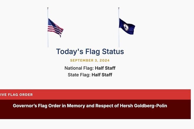 Virginia Gov. Glenn Youngkin ordered flags at half-staff on Sept. 3, 2024 to honor former Richmond resident Hersh Goldberg-Polin. Source: Virginia secretary of commonwealth.