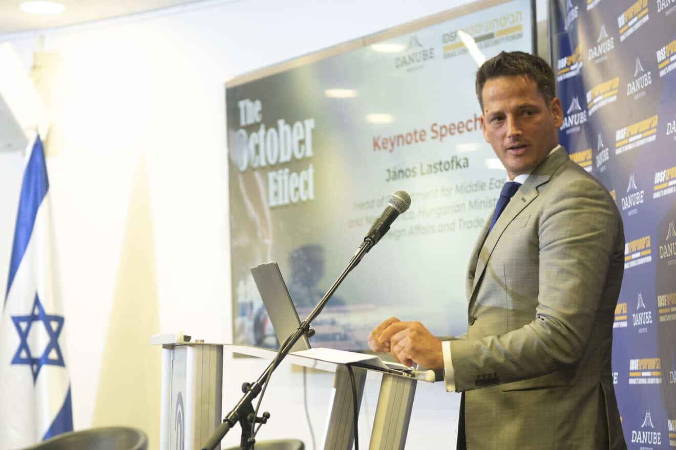 János Lastofka, head of the Hungarian Foreign Ministry’s Middle East Department, speaks at The October Effect conference at the Menachem Begin Heritage Center in Jerusalem on Sept. 9, 2024. Photo by Canaan Lidor.