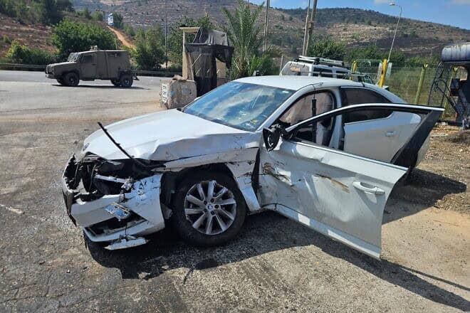 The scene of a suspected terrorist vehicular assault at a gas station in the Binyamin region of Samaria, Sept. 7, 2024. Credit: Israel Police.
