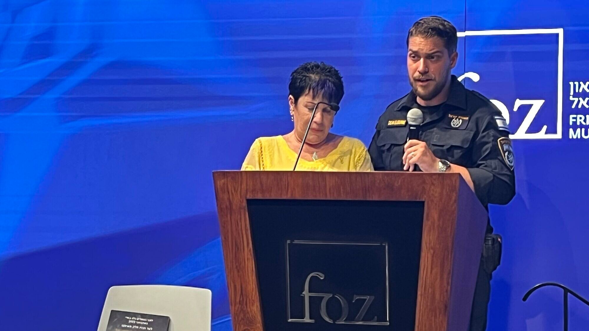 Cheli Ganot, whose son Ch.-Insp. Dan Ganot died protecting the residents of Kibbutz Be'eri on Oct. 7, 2024, and Master Sgt. Dean Elsdunne at the Friends of Zion Museum in Jerusalem on Oct. 9, 2024. Photo by Josh Hasten.