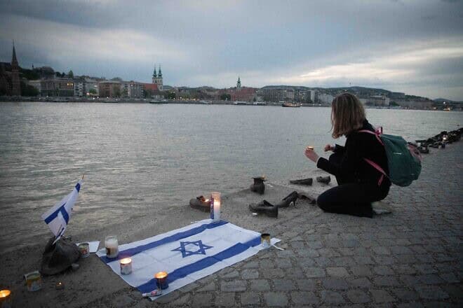 Shoes on the Danube Bank, a memorial to honor the Jews who were killed by fascist Arrow Cross militiamen during World War II, in Budapest, Hungary, on April 18, 2023. Photo by Arie Leib Abrams/Flash90.