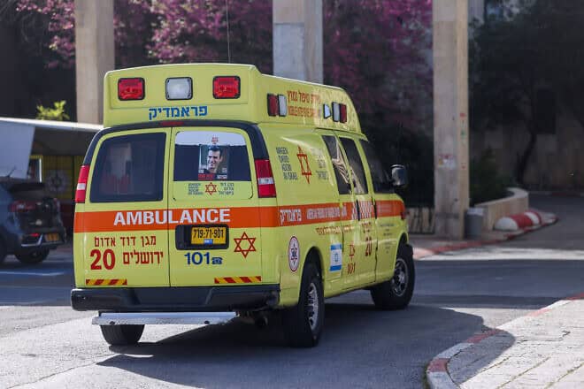 An ambulance evacuates civilians wounded in a terrorist attack in the Jordan Valley to Hadassah Medical Center on Mount Scopus in Jerusalem, March 28, 2024. Photo by Chaim Goldberg/Flash90.