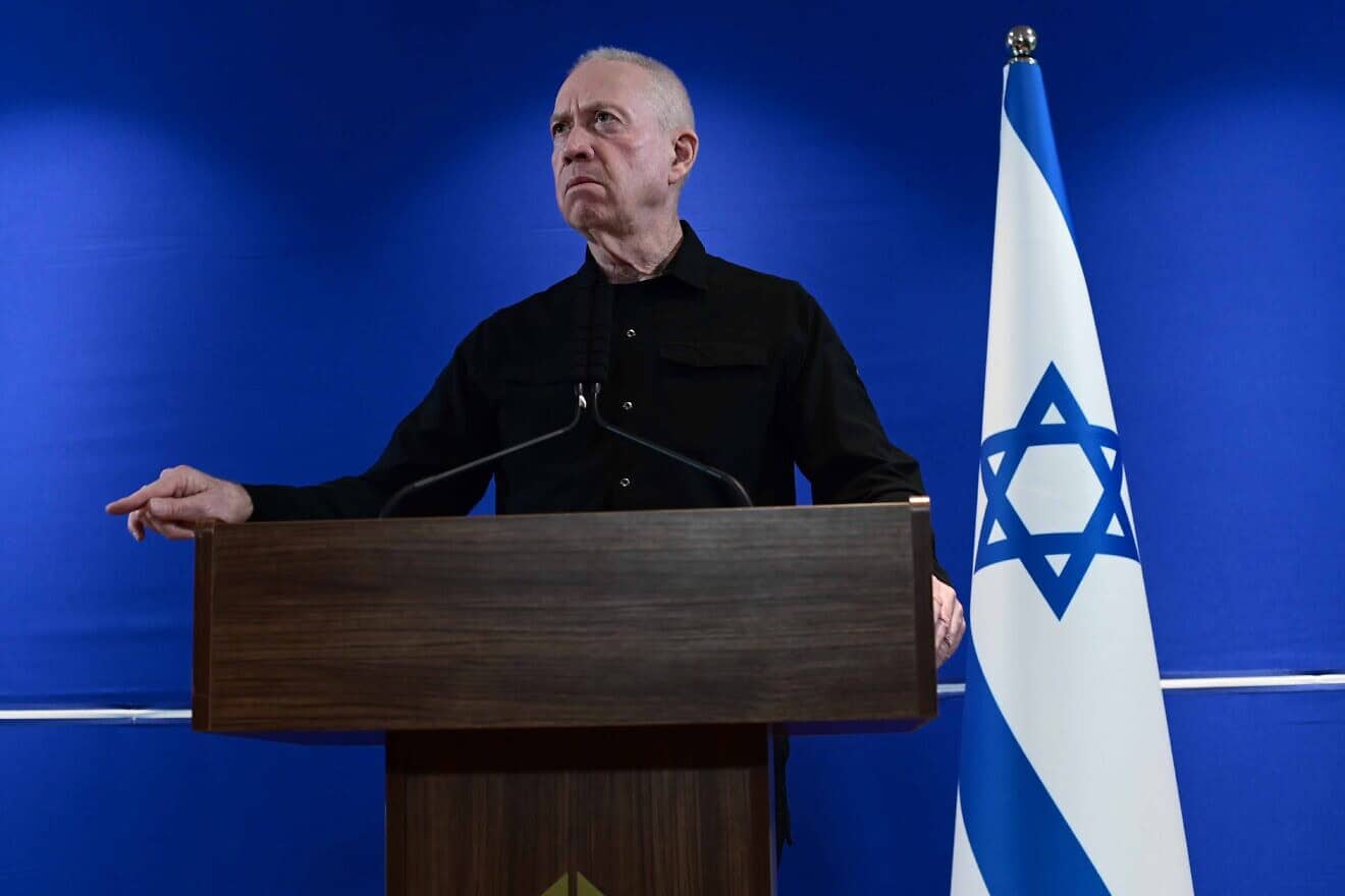 Israeli Defense Minister Yoav Gallant speaks during a press conference at the Kirya military headquarters in Tel Aviv, May 15, 2024. Photo by Tomer Neuberg/Flash90.