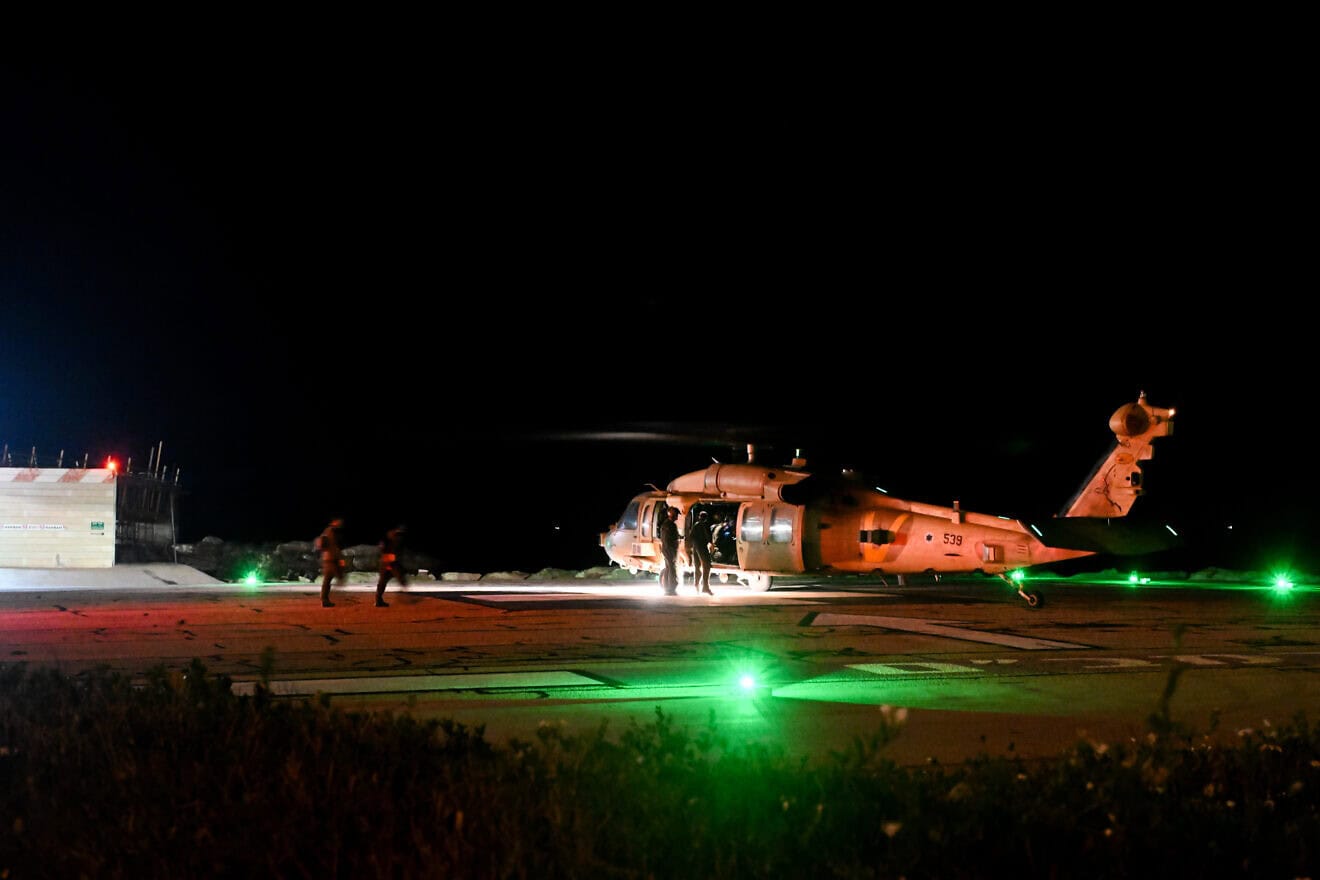 A military helicopter is seen after evacuating wounded men from the drone attack, at the Rambam hospital, in the northern Israeli city of Haifa, Oct. 13, 2024. Photo by Flash90.