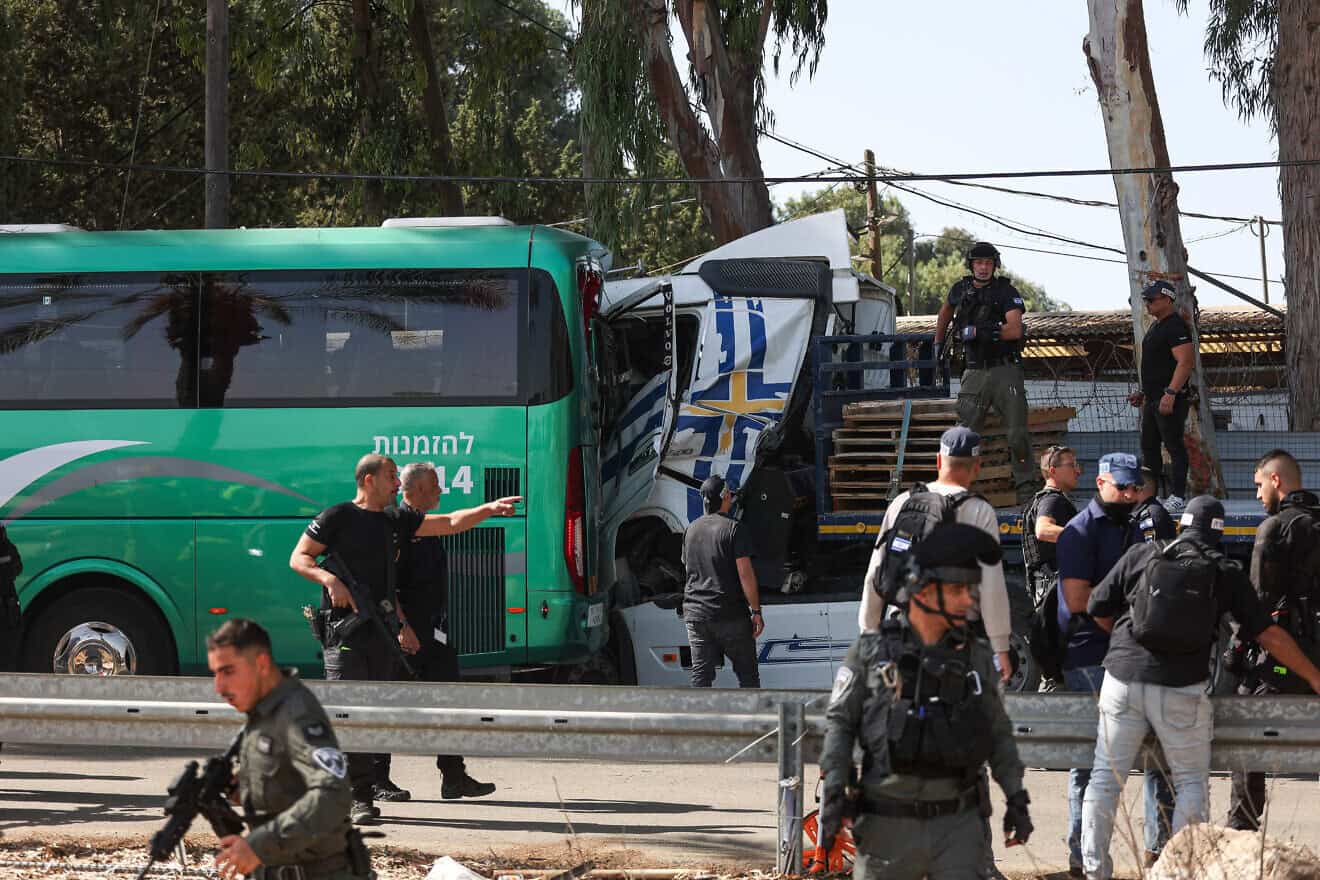 The scene where a truck rammed into a bus stop near Glilot in central Israel, Oct. 27, 2024. Photo by Itai Ron/Flash90.