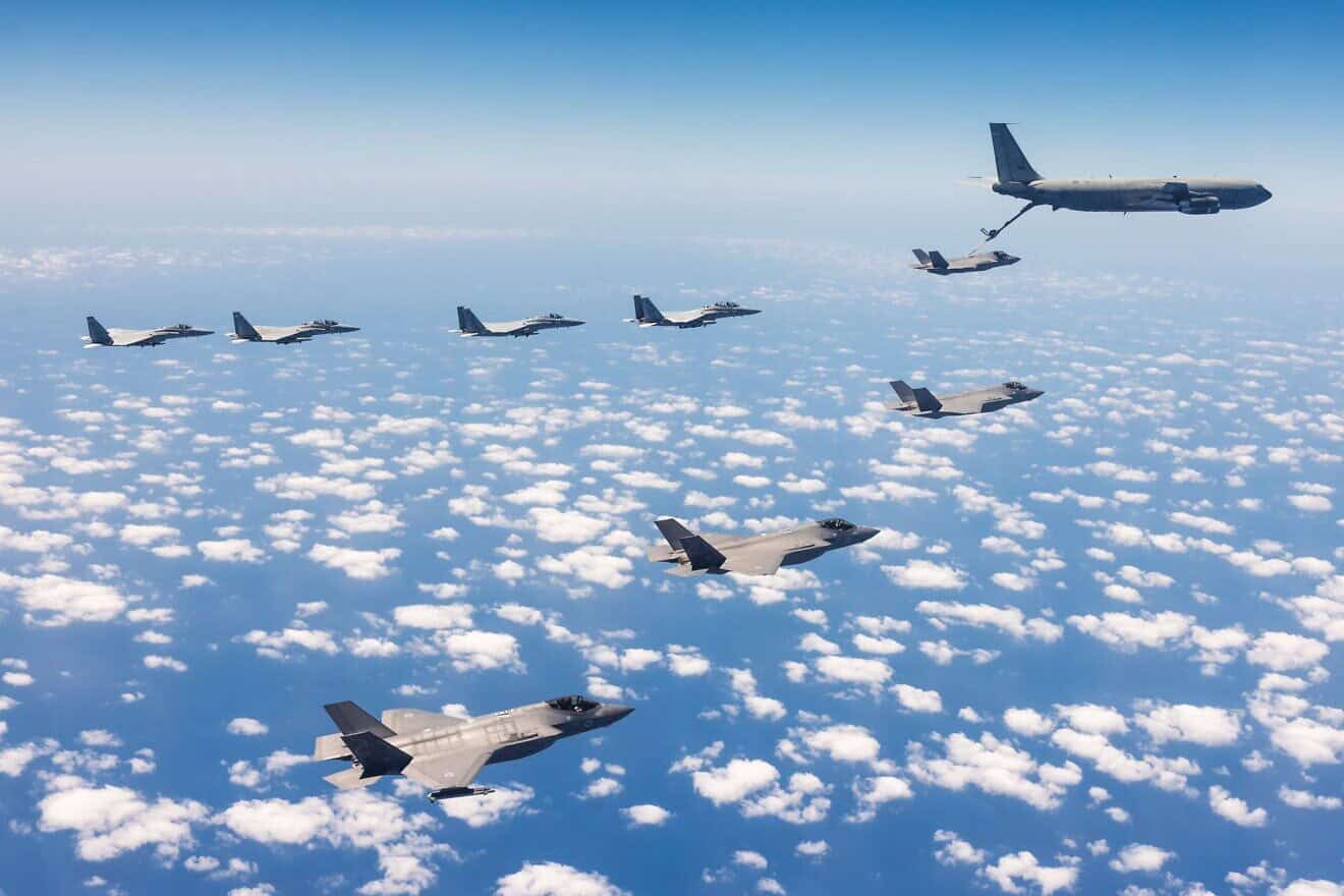 The Israeli Air Force practicing aerial refueling of fighter jets in Israeli airspace. The exercise simulated long-range flight deep behind enemy lines, Aug. 18, 2024. Credit: IDF.
