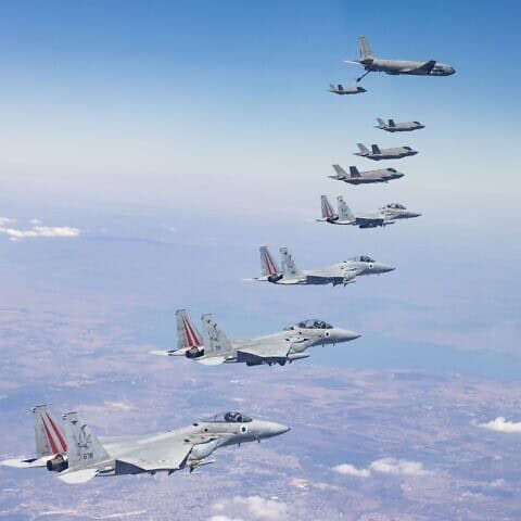 The Israeli Air Force practicing aerial refueling of fighter jets in Israeli airspace. The exercise simulated long-range flight deep behind enemy lines, Aug. 18, 2024. Credit: IDF.