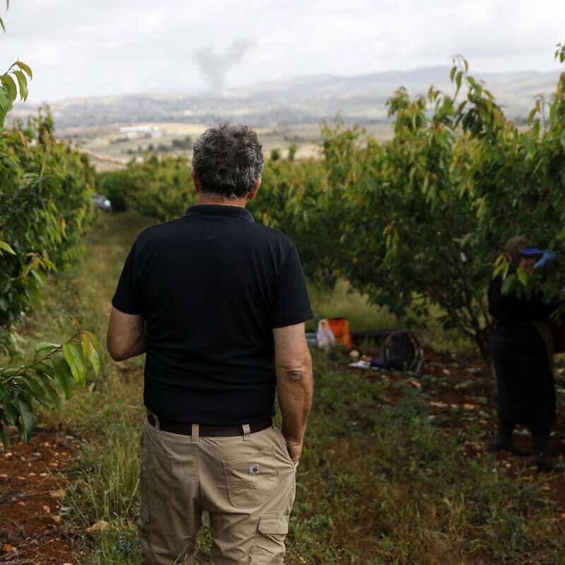 A man standing in a cherry orchard in the northern Israeli Kibbutz Malkia watches smoke billowing above the Lebanese village of Mays al-Jabal during Israeli bombardment on May 5, 2024. Photo by Jalaa Marey/AFP via Getty Images.
