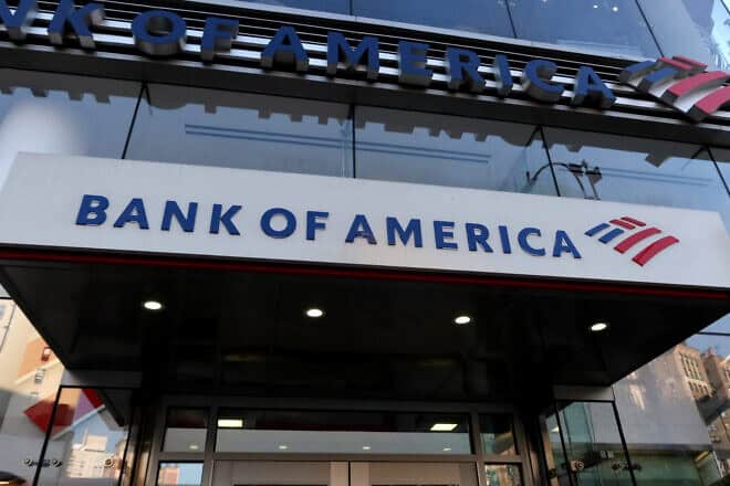 A Bank of America corporate logo hangs above the entrance to a branch on Amsterdam Avenue in New York City, June 25, 2024. Photo by Gary Hershorn/Getty Images.