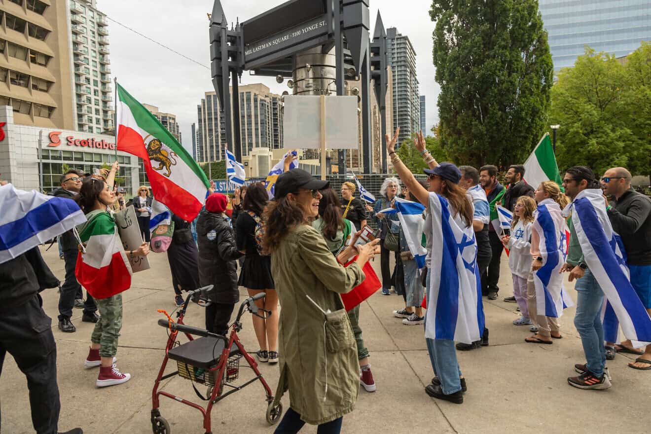 A group of Iranian-Canadians gathers in Toronto to celebrate the reported death of Hezbollah leader Hassan Nasrallah, Sept. 28, 2024. Photo by Pouria Afkhami/Middle East Images/AFP via Getty Images.
