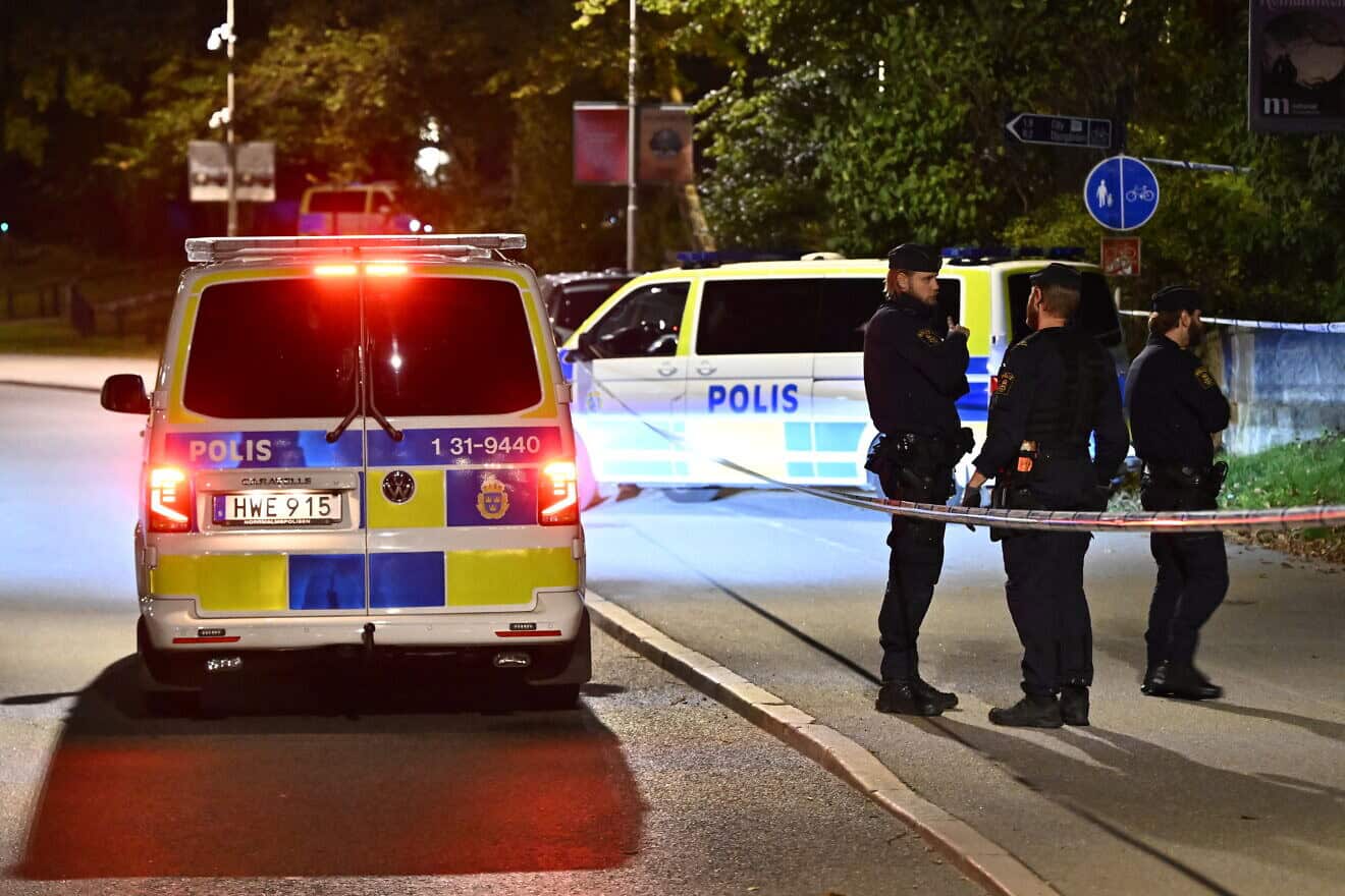 Police secures the area near the Israeli Embassy in Stockholm after a suspected shooting, Oct. 1, 2024. Photo by Anders Wikilund/TT News Agency/AFP via Getty Images.