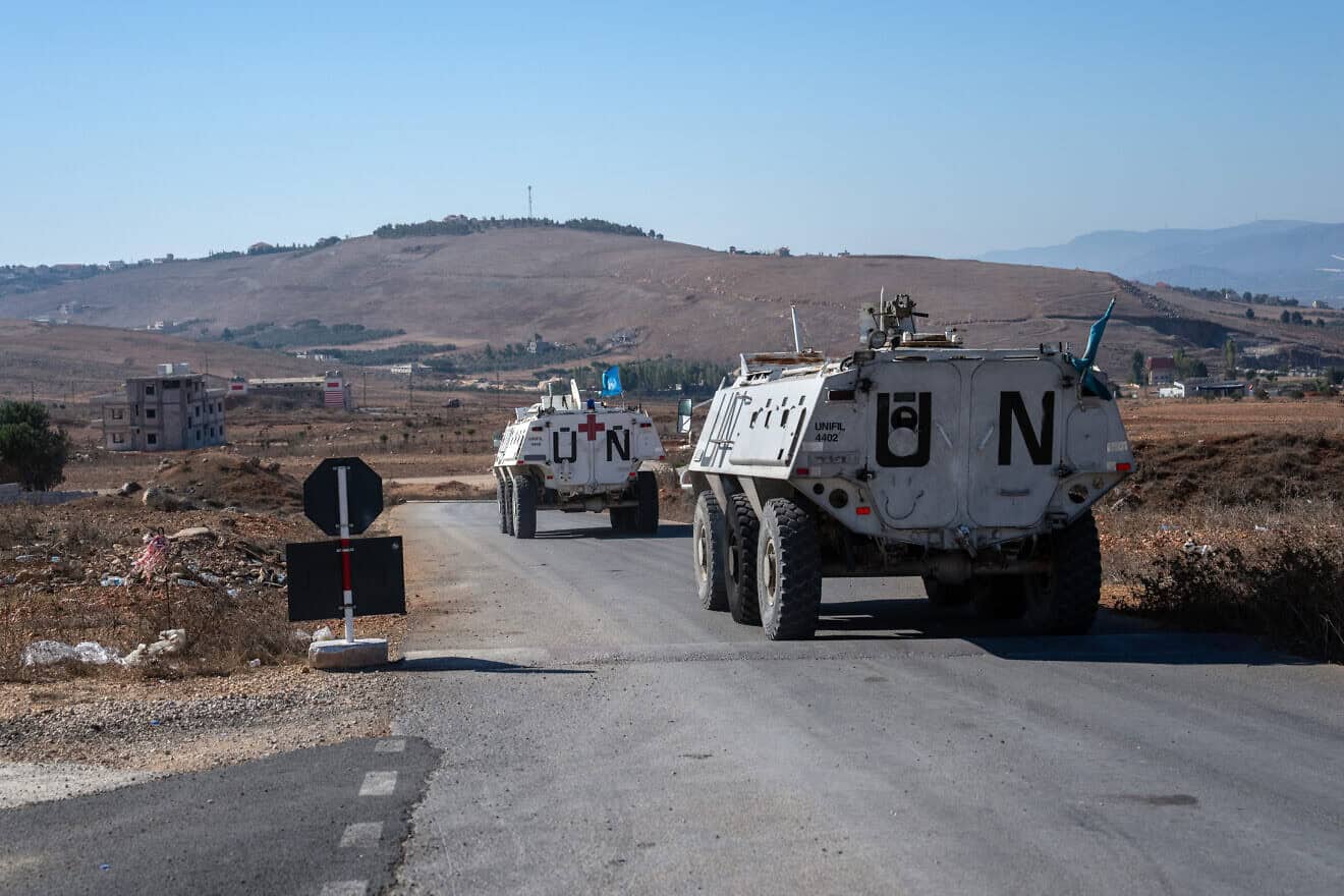 UNIFIL (United Nations Interim Force In Lebanon) armored personnel carriers depart a base to patrol near the Lebanon-
Israel border on Oct. 5, 2024 in Marjayoun, Lebanon. Photo by Carl Court/Getty Images.