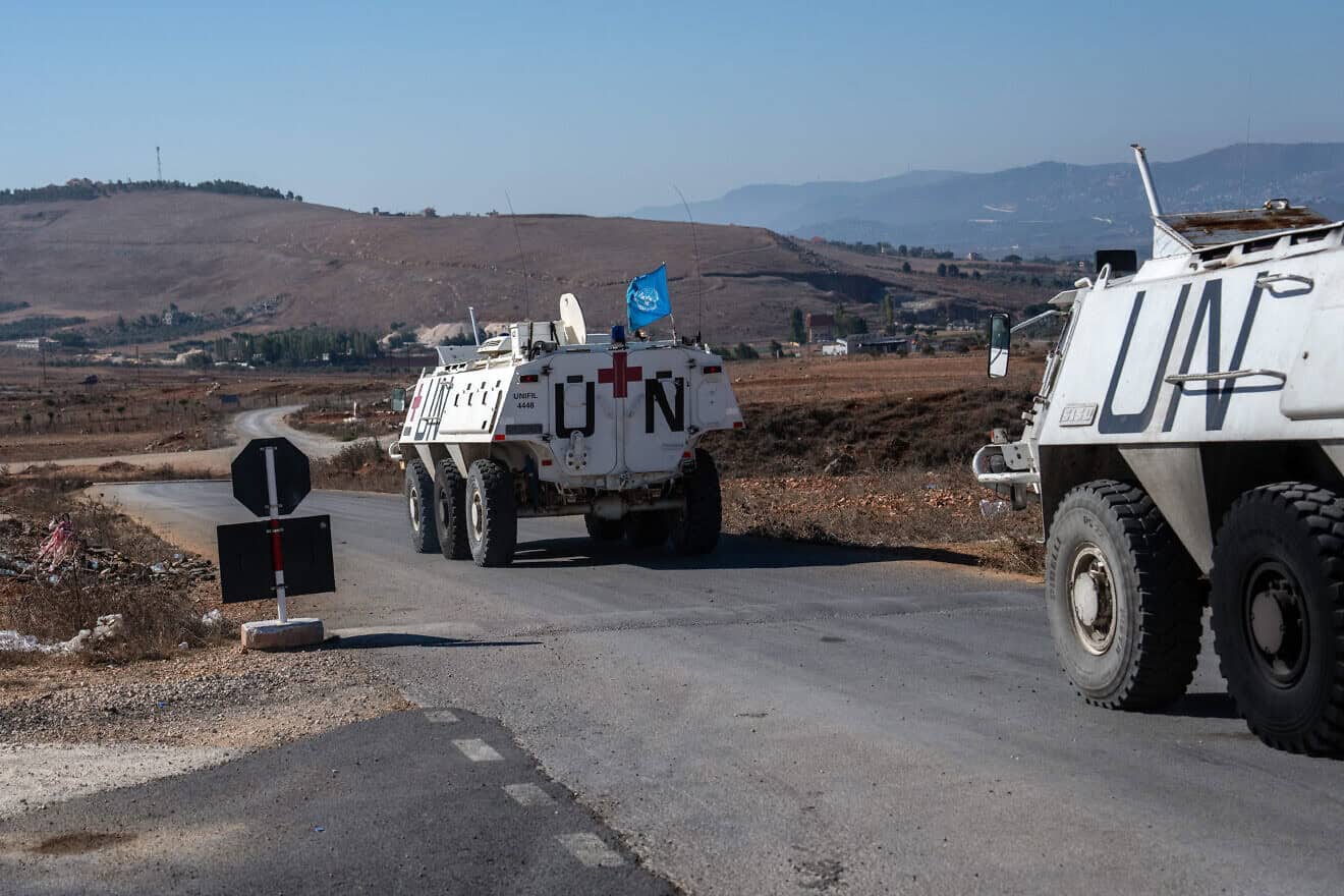 U.N. Interim Force in Lebanon (UNIFIL) armored personnel carriers depart a base in Marjayoun to patrol near the Israeli border on Oct. 5, 2024, Photo by Carl Court/Getty Images.
