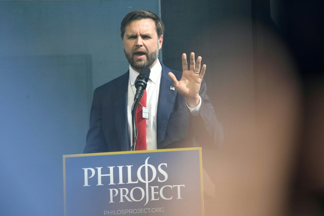 Republican vice presidential nominee, Sen. J.D. Vance (R-Ohio) speaks at a rally and march on the National Mall to honor the heroes of the Oct. 7 massacre and remember the hostages still in captivity in Washington, D.C, Oct. 7, 2024. Photo by Matthew Hatcher/AFP via Getty Images.