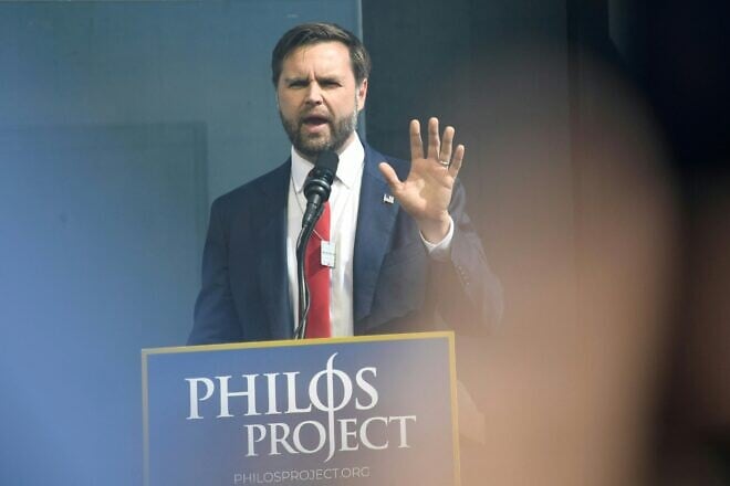 Republican vice presidential nominee, Sen. J.D. Vance (R-Ohio) speaks at a rally and march on the National Mall to honor the heroes of the Oct. 7 massacre and remember the hostages still in captivity in Washington, D.C, Oct. 7, 2024. Photo by Matthew Hatcher/AFP via Getty Images.