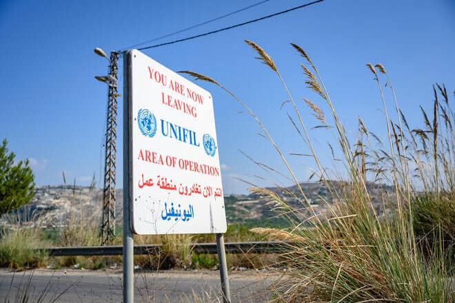 A sign marks the northern operational boundary of UNIFIL, north of Tyre in Lebanon, Oct. 15, 2024. Photo by Scott Peterson/Getty Images.