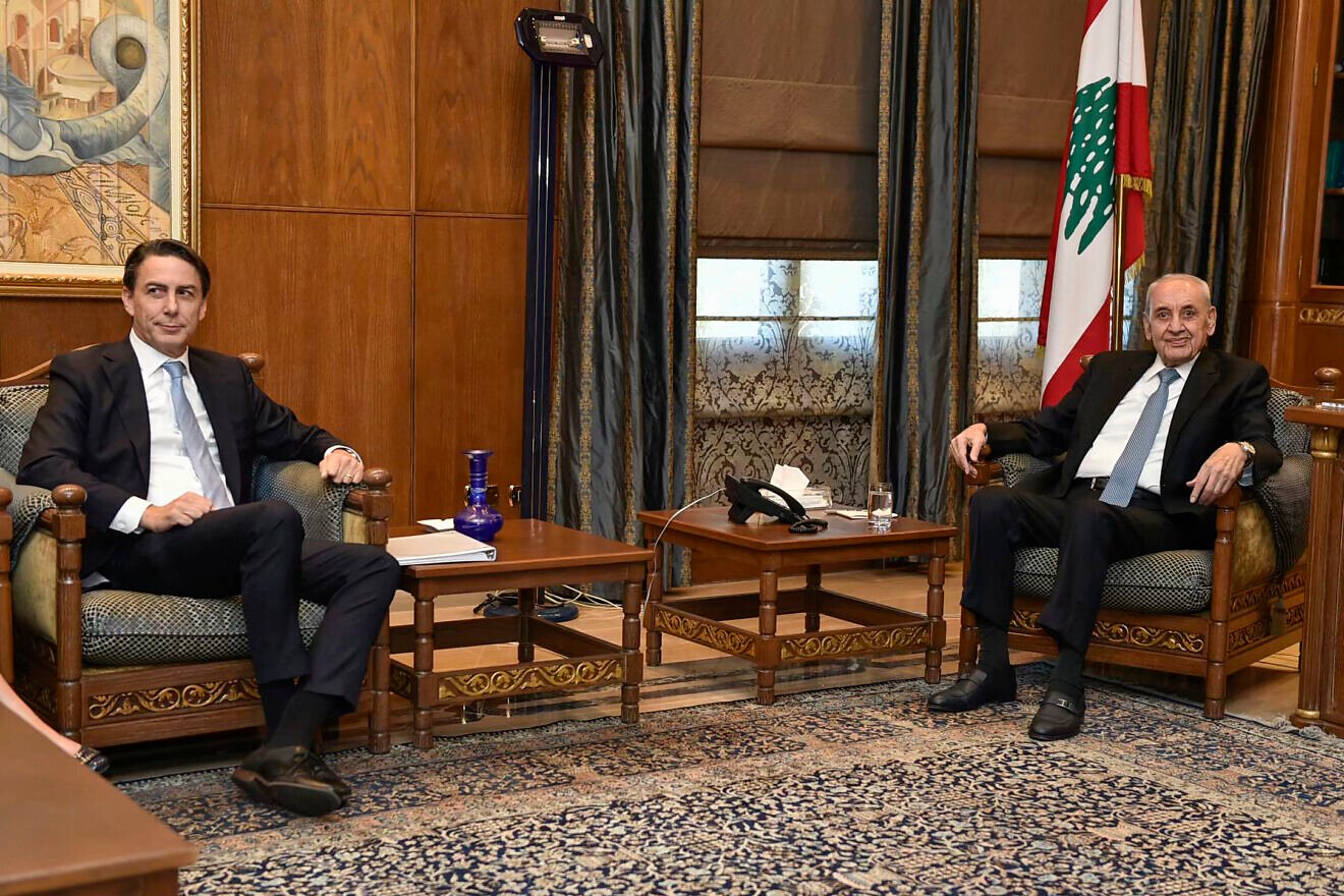Lebanese Parliament Speaker Nabih Berri (R) meets with US special envoy Amos Hochstein in Beirut on Oct. 21, 2024. Photo by AFP via Getty Images.
