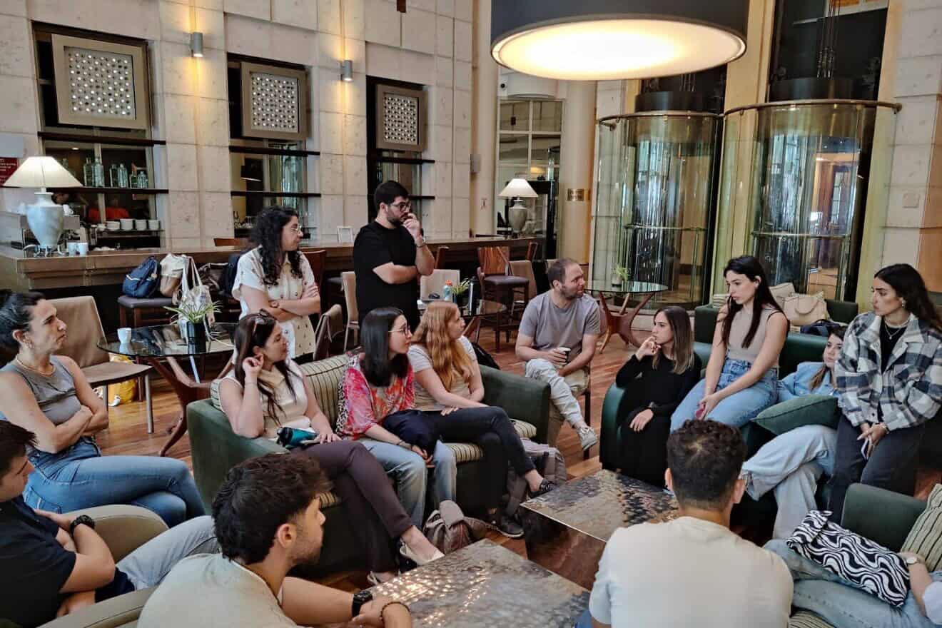 University of Haifa Law students attend a briefing with University lawyers at a hotel before the team began assisting evacuees in the early days of the war.(Courtesy)
