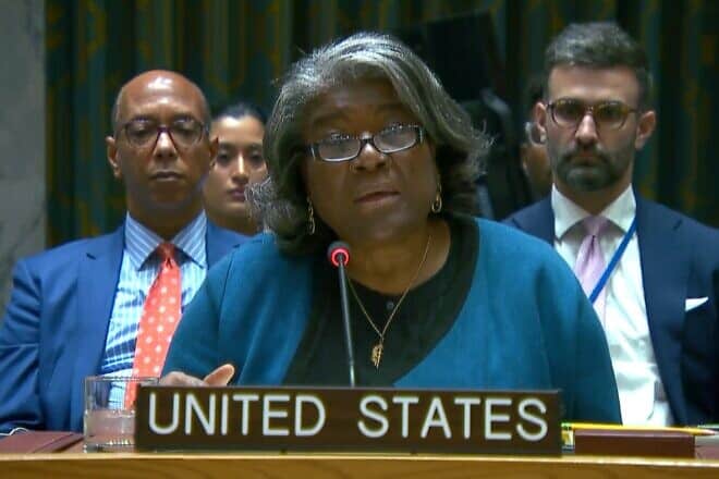 Linda Thomas-Greenfield, U.S. ambassador to the United Nations, at a U.N. Security Council briefing on the Middle East on Oct. 15, 2024. Source: Screenshot.