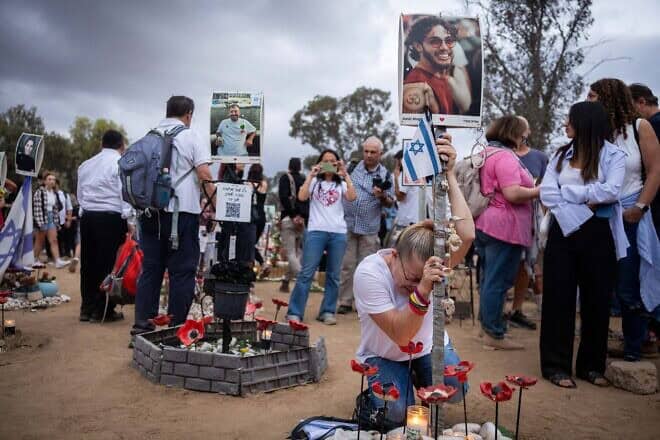 Friends and family of the victims of the Supernova music festival massacre gather at the site near Kibbutz Re'im on Oct. 7, 2024. Photo by Yonatan Sindel/Flash90.