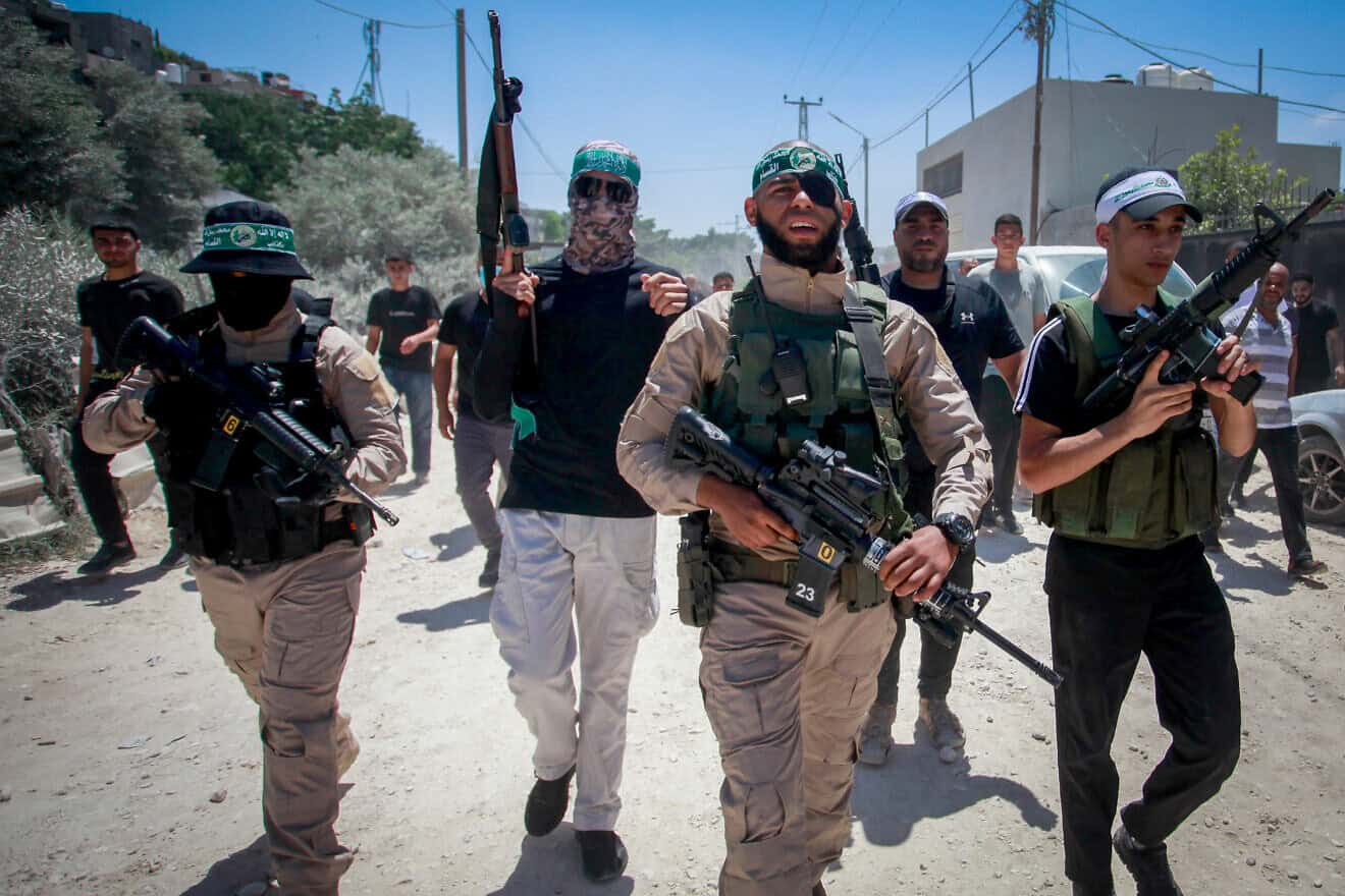 Terrorists attend the funeral of Palestinians killed in an Israeli airstrike in Nur Shams camp, near Tulkarem in Samaria, July 3, 2024. Photo by Nasser Ishtayeh/Flash90.