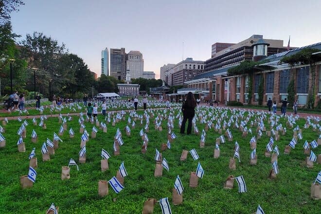 Attendees of the “365 Days of Hope” memorial and vigil in remembrance of the Oct. 7 terrorist attacks in southern Israel, held in front of the National Constitution Center in Philadelphia on Oct. 6, 2024. Photo by Carin M. Smilk.