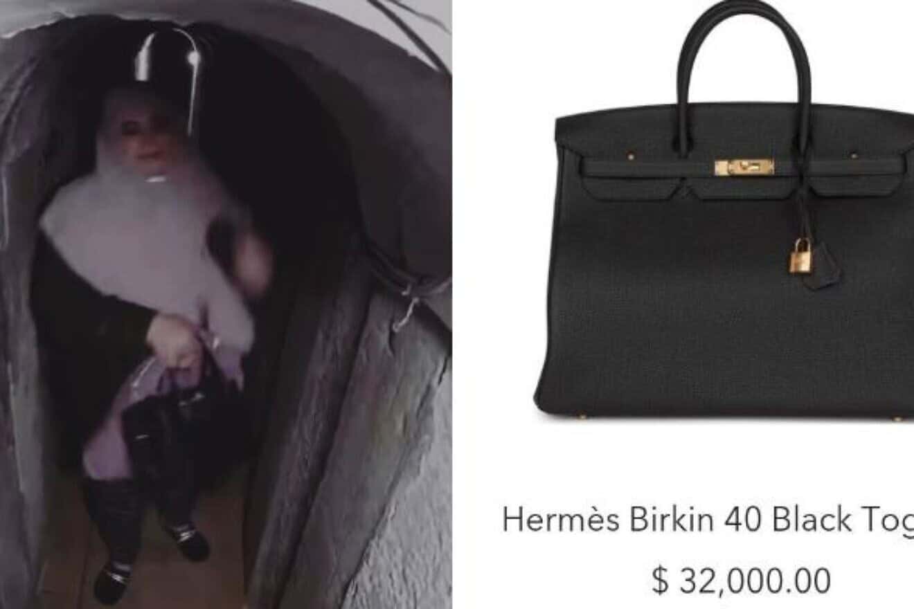 The wife of recently eliminated Hamas leader Yahya Sinwar seen holding a $32,000 Hermes bag while fleeing through tunnel. Credit: IDF.