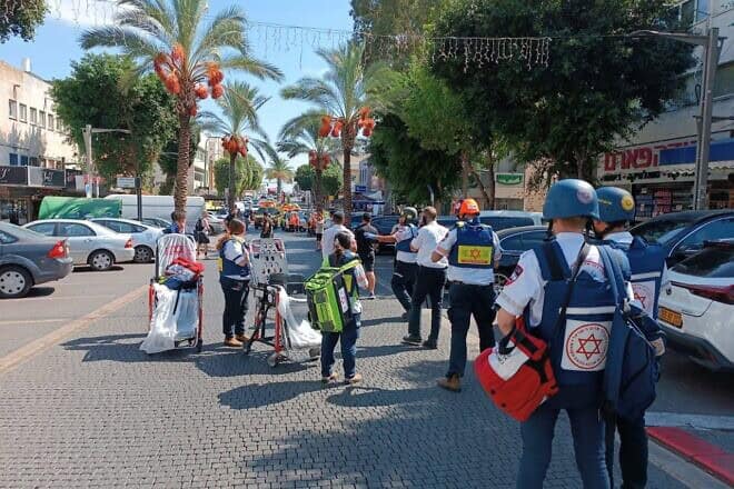 Magen David Adom emergency medical crews at the scene of a terrorist attack in Hadera on Oct. 9, 2024. Credit: MDA.