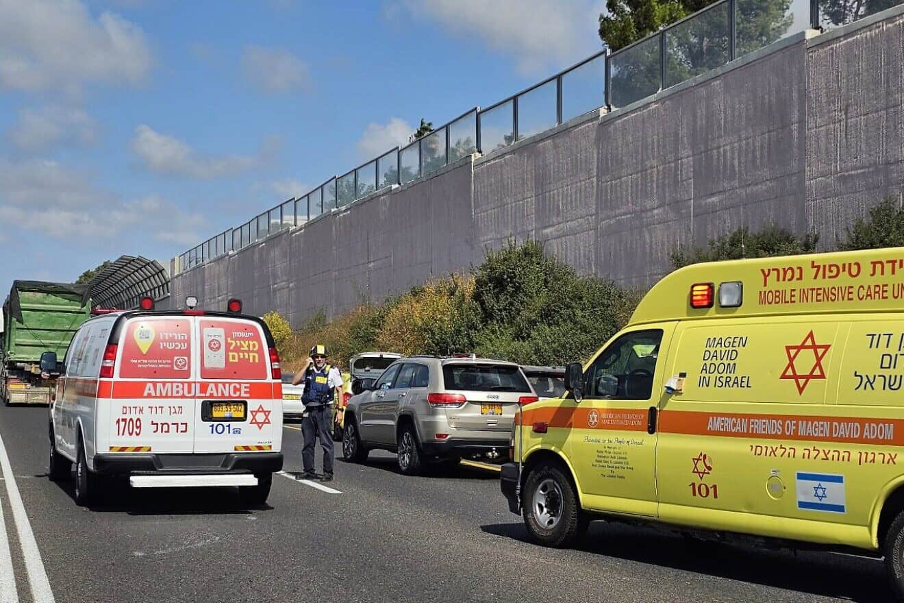 Magen David Adom emergency medical crews arrive at the scene of a rocket impact in the Haifa area on Oct. 9, 2024. Credit: MDA.