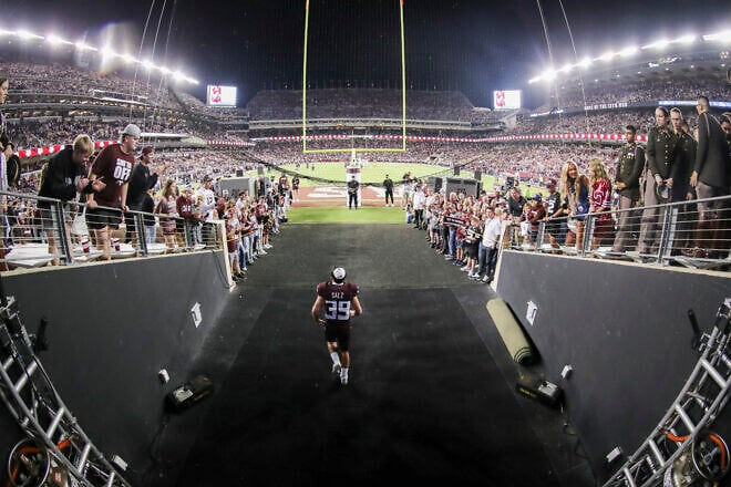 Wide receiver Sam Salz #39, of the Texas A&M Aggies, at during the game between the New Mexico State Aggies and the Texas A&M Aggies at Kyle Field in College Station, Texas, Nov. 16, 2024. Photo by Ishika Samant/Texas A&M Athletics.