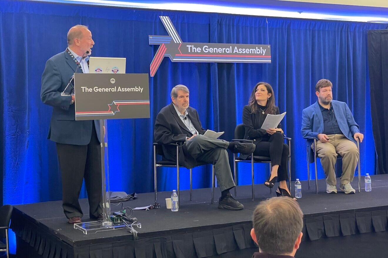 (Seated, from left) The Democrat strategist and pollster Mark Mellman, "Newsweek" opinion editor Batya Ungar-Sargon (moderator) and Republican pollster Frank Luntz at the Jewish Federations of North America's General Assembly in Washington, D.C., Nov. 11, 2024. Photo by Mike Wagenheim.