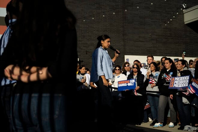 Rep. Alexandria Ocasio-Cortez (D-N.Y.) speaks at a “Vota con Orgullo” (“Get out the Vote”) block party in Philadelphia on Nov. 3, 2024. Photo by Joe Lamberti for “The Washington Post” via Getty Images.