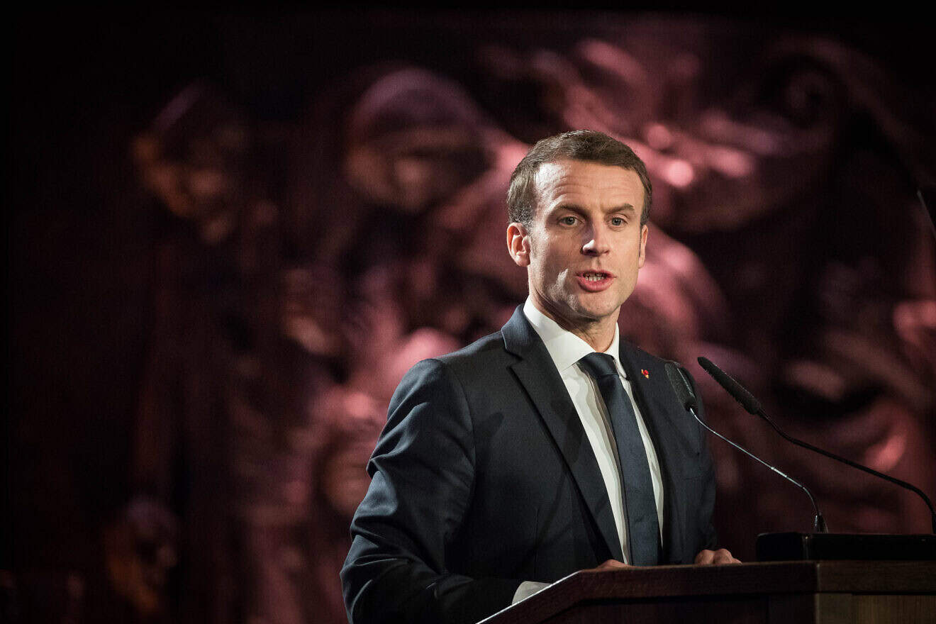 French President Emmanuel Macron speaks during the Fifth World Holocaust Forum at the Yad Vashem Holocaust memorial museum in Jerusalem on Jan. 23, 2020.
Photo by Yonatan Sindel/Flash90.