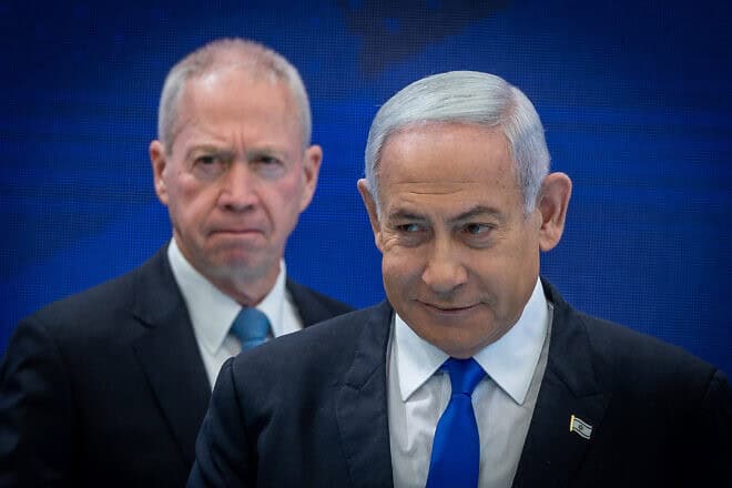 Then-Defense Minister Yoav Gallant (left) and Prime Minister Benjamin Netanyahu at an event honoring Israel's 75th Independence Day at the President's Residence in Jerusalem, April 26, 2023. Photo by Yonatan Sindel/Flash90.