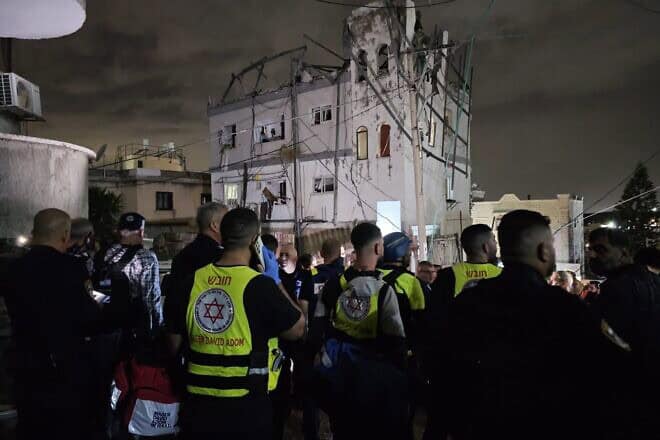 Israeli security and rescue forces at the scene of a deadly Hezbollah rocket attack  in the northern Arab city of Shfar’am, Nov. 18, 2024. Credit: Magen David Adom.